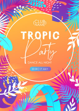 Colorful summer disco party poster with fluorescent tropic leaves. Summertime background. Vector illustration