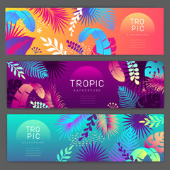 Set of colorful gradient summer banners with fluorescent tropic leaves. Summertime template collection. Vector illustration