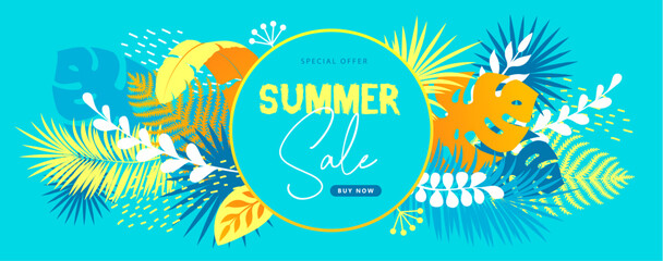 Naklejka na ściany i meble Colorful summer big sale tropical banner with tropic leaves. Summertime background. Vector illustration