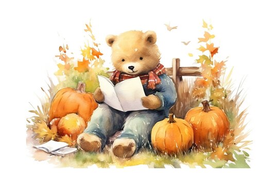 cute bear reads book at pumpkin garden painted in watercolor on a white isolated background. Generative AI