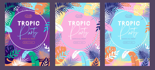 Set of Colorful summer disco party poster with tropic leaves. Summertime background. Vector illustration