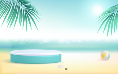Summer beach background with 3d stage and palm trees. Colorful summer scene. Vector illustration