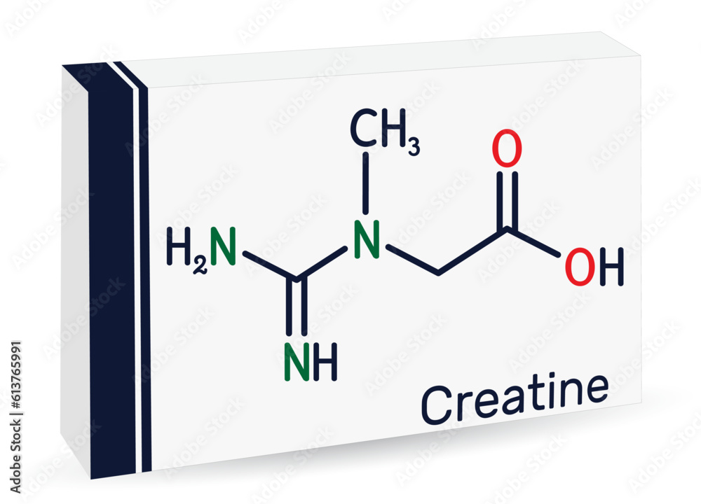 Poster creatine molecule, food supplements. skeletal chemical formula. paper packaging for drugs