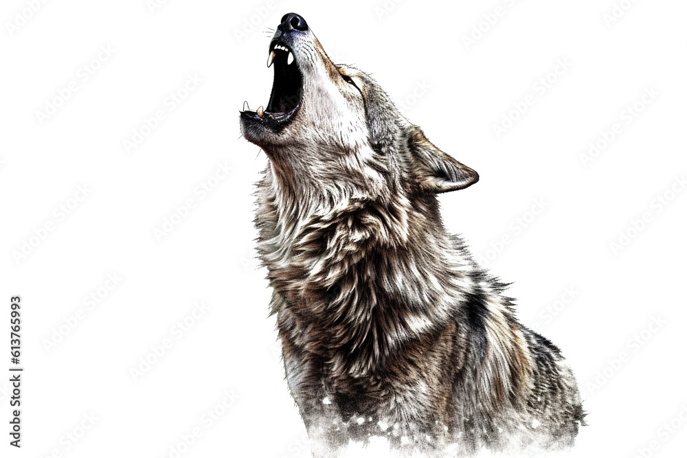 Poster wolf howling at the moon isolated on white background. AI generated.