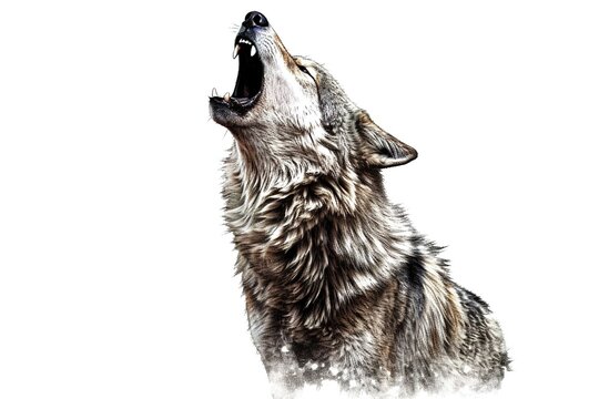 wolf howling at the moon isolated on white background. AI generated.