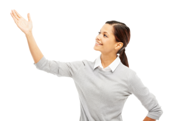 Business woman, open hand gesture and presentation isolated on a transparent, png background. Professional female person show announcement, advertising and promotion information with hands and smile
