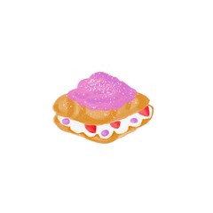 A drawing of a croissant filled with whipped cream, strawberries and blueberries.