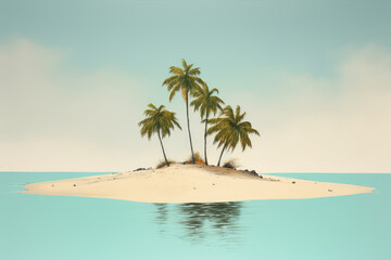 Fototapeta na wymiar Simple tropical sandy island surrounded by the blue waters of the ocean. A beautiful bright blue summer sunny sky. Creative concept of summer. Generative AI 3d render illustration imitation.