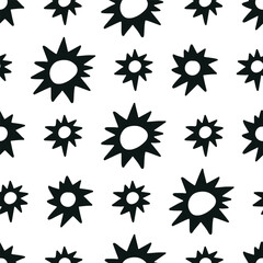 Bright trendy seamless pattern with black sunny flowers on a white background. Minimalistic baby naive pattern.