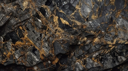 Polished dark grey granit or marble surface. Generative AI stone texture background with golden inclusions