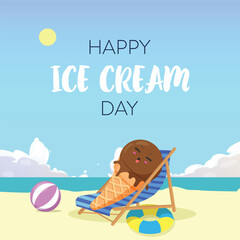 National ice cream day vector illustration for greeting card, poster and banner with Chocolate ice cream character sunbathing on the beach