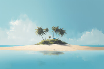 Fototapeta na wymiar Small tropical sandy island surrounded by the blue waters of the ocean. A beautiful bright blue summer sunny sky. Creative concept of summer. Generative AI 3d render illustration imitation.