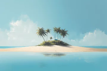 Fotobehang Small tropical sandy island surrounded by the blue waters of the ocean. A beautiful bright blue summer sunny sky. Creative concept of summer. Generative AI 3d render illustration imitation. © SnowElf