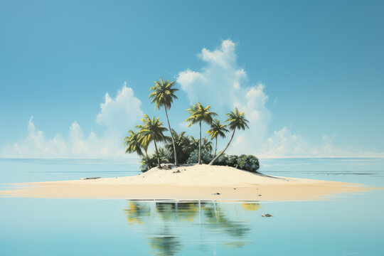 Small tropical sandy island with palms surrounded by the blue waters of the ocean. A beautiful bright blue summer sunny sky. Creative concept of summer. Generative AI 3d render illustration imitation.