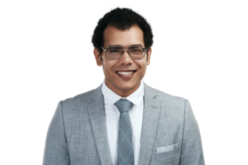 Portrait, business man and happy accountant isolated on a transparent png background. Face, entrepreneur and professional auditor in glasses from Brazil with pride for career, corporate job and smile