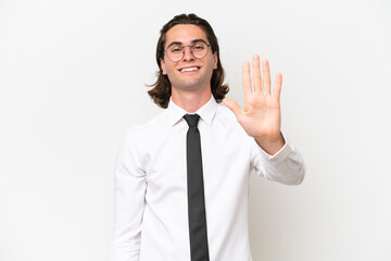Business handsome man isolated on white background counting five with fingers
