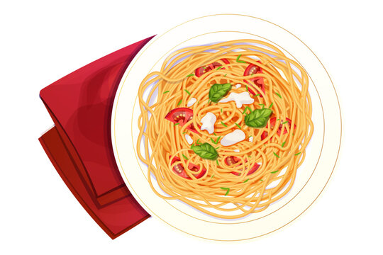 Spaghetti Pasta in plate with tomatos, basil, mozzarella in cartoon style top view detailed and textured isolated on white background. food, italian cuisine