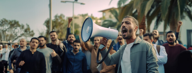 Arab Muslim man activist angry shouting for his cause among people demonstration protester as wide banner with copy space area - generative AI