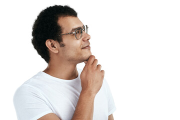 Man, thinking and startup business isolated on transparent png background in solution, vision or...