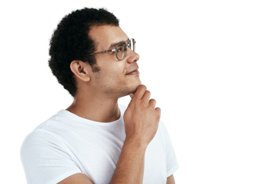 Man, thinking and startup business isolated on transparent png background in solution, vision or decision. Planning, design inspiration and young happy person for ideas, future goals or career choice