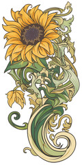 Sunflower - art nouveau - isolated on white background	