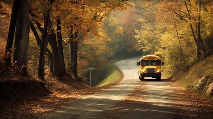 School bus drives down a country road in autumn Generative AI - obrazy, fototapety, plakaty