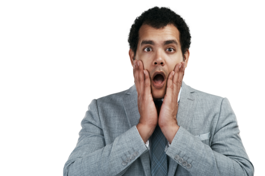 Surprise, stress and business man in portrait isolated on transparent, png background of news, mistake or crisis. Accident, emergency and shocked corporate person for career problem, risk or job fail