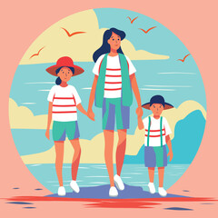 Family woman mom and children son and daughter boy and girl in flat vector abstract illustration. Happy family walk in the city walk by the sea on vacation