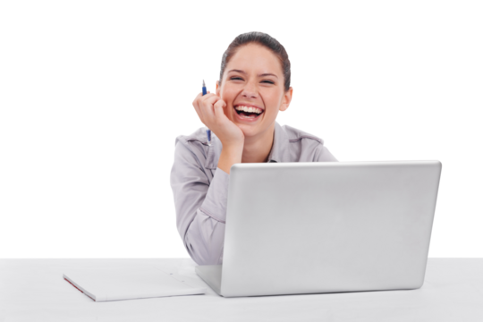 Laughing, portrait of a businesswoman with laptop and notebook at desk isolated against a transparent png background. Online communication, planning and connectivity of funny female person with smile - Powered by Adobe