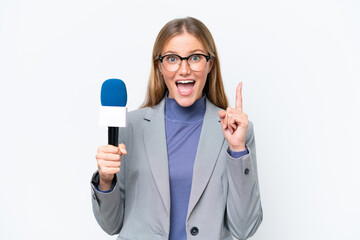 Young TV presenter caucasian woman isolated on white background pointing up a great idea