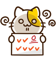 学校のテストで0点を取って落ち込むかわいいねこのキャラクターのデフォルメイラスト