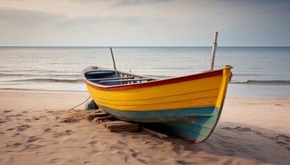 Fototapeta na wymiar A small yellow fishing boat on the shore of a beach on the Baltic Sea in Poland