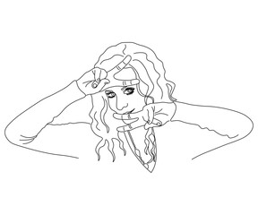 portrait of a girl with yellow hair in a playful flirtatious pose, isolated on a white background. she points with his fingers. one line