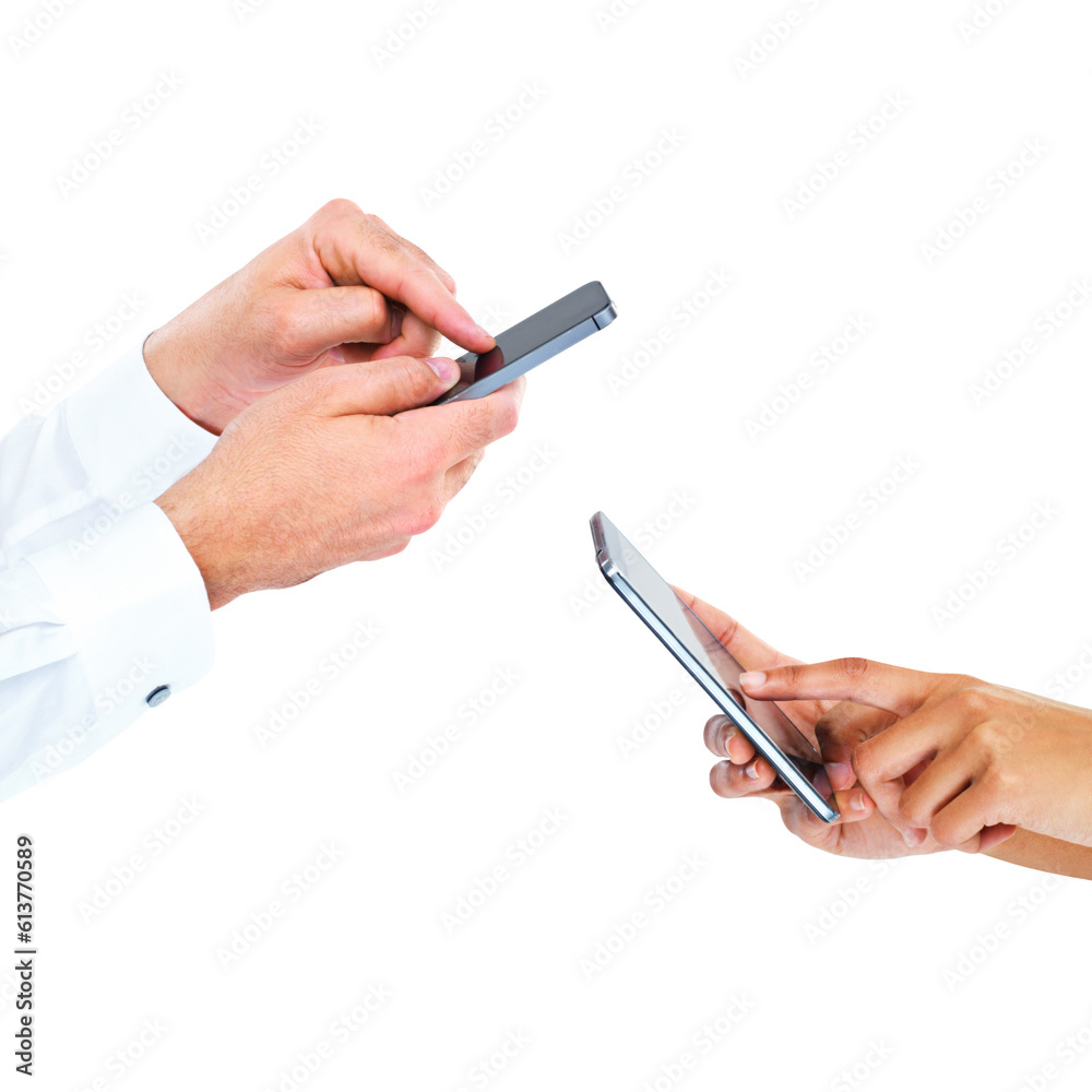 Poster phone, business people collaboration and hands typing research, social media or contact mobile user.