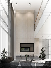 cozy  living room  interior design, 3d rendering wire frame