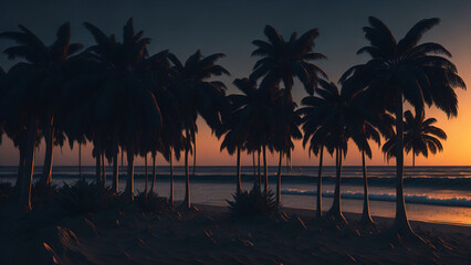 Palm trees on the beach at sunset. The concept of travel and tourism.