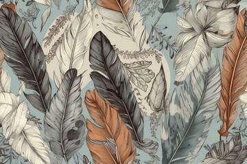 A Pattern of Gray and Beige Feather on Ivory Background, Generative AI