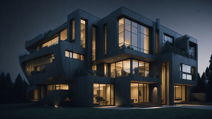 The exterior of a modern home at night with lights and reflections.