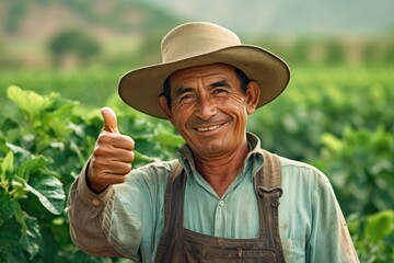 Fototapeta premium Smiling farmer standing in field showing thumb up, AI Generative