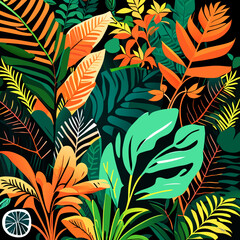 Seamless pattern with tropical leaves on dark background. Vector illustration.