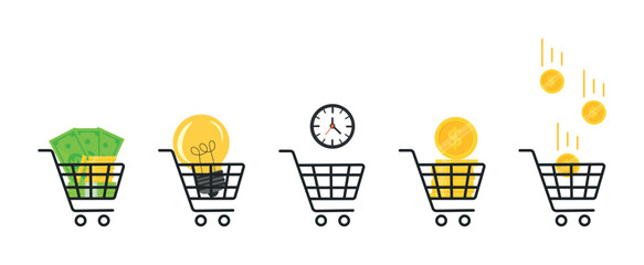 Set with shopping baskets. Shopping cart with paper money, dollars, light bulb, clock, stack of gold coins and falling coins © Maria