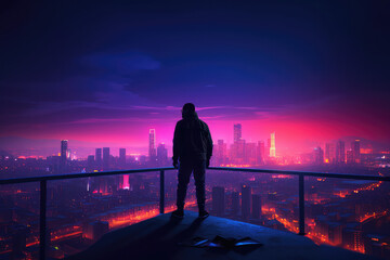 Fototapeta na wymiar A silhouette standing on the edge of a skyscraper looking out over a bright neon city at night, generative AI
