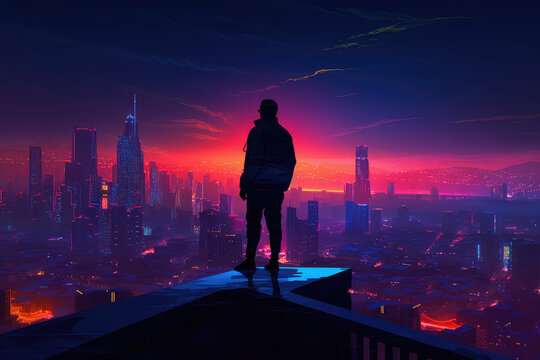 A Silhouette Standing On The Edge Of A Skyscraper Looking Out Over A Bright Neon City At Night, Generative AI