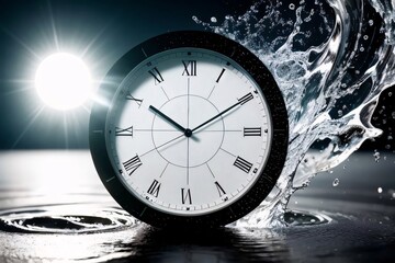 A clock and a splash of water, a symbol of the passage of time. Generative AI