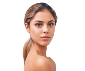 Makeup, cosmetics and portrait of woman with beauty on isolated, png and transparent background. Dermatology, salon aesthetic and face of female person for facial treatment, skincare and wellness