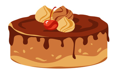 Chocolate cake with a cherry. Vector illustration of a sweet dessert. Homemade cakes.