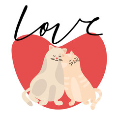Couple of cats hugging Hand drawn lettering text. Cute cartoon character. Kawaii animal. Love Greeting card. Flat design style. White background. Isolated. Vector