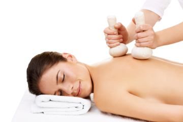 Spa, herbal and natural with woman and massage on transparent background for beauty, peace and holistic. Relax, healing and wellness with person and compress balls isolated on png for salon treatment