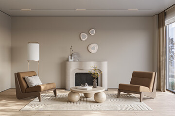 Fireplace in cozy living room interior with warm bright walls and hardwood flooring, 3d rendering  
