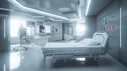 Futuristic white hospital with robots, glass and light. Generated AI